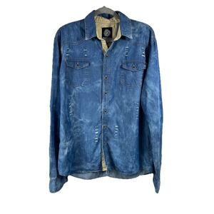 Partisan LA Men's XL Denim Shirt Acid Wash Distressed Western Workwear Blue